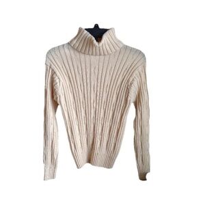 Vtg Knit Cream Turtleneck Sweater Womens S Ribbed Fitted Inlay Capsule Staple